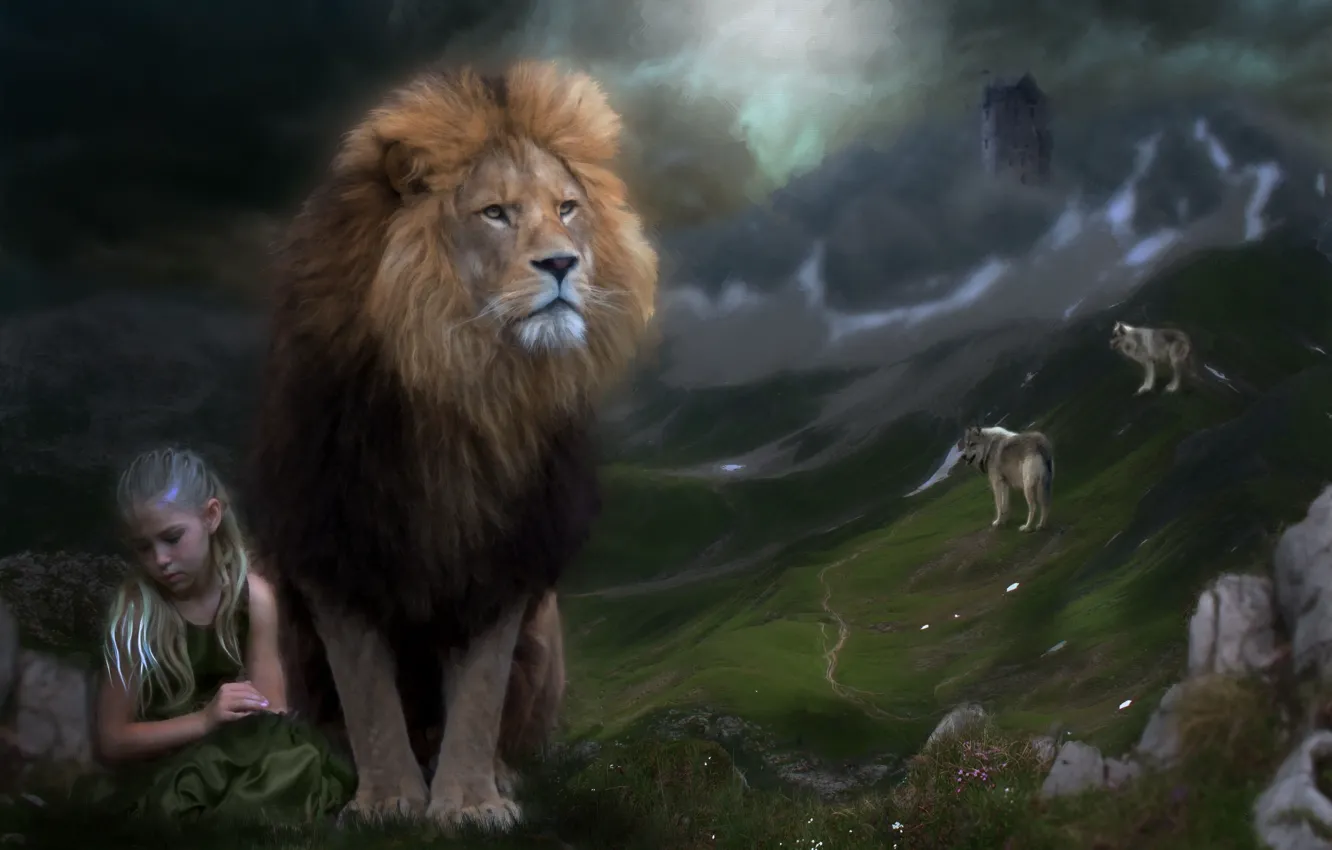 Photo wallpaper clouds, castle, wolf, Leo, girl, computer design, Photomontage