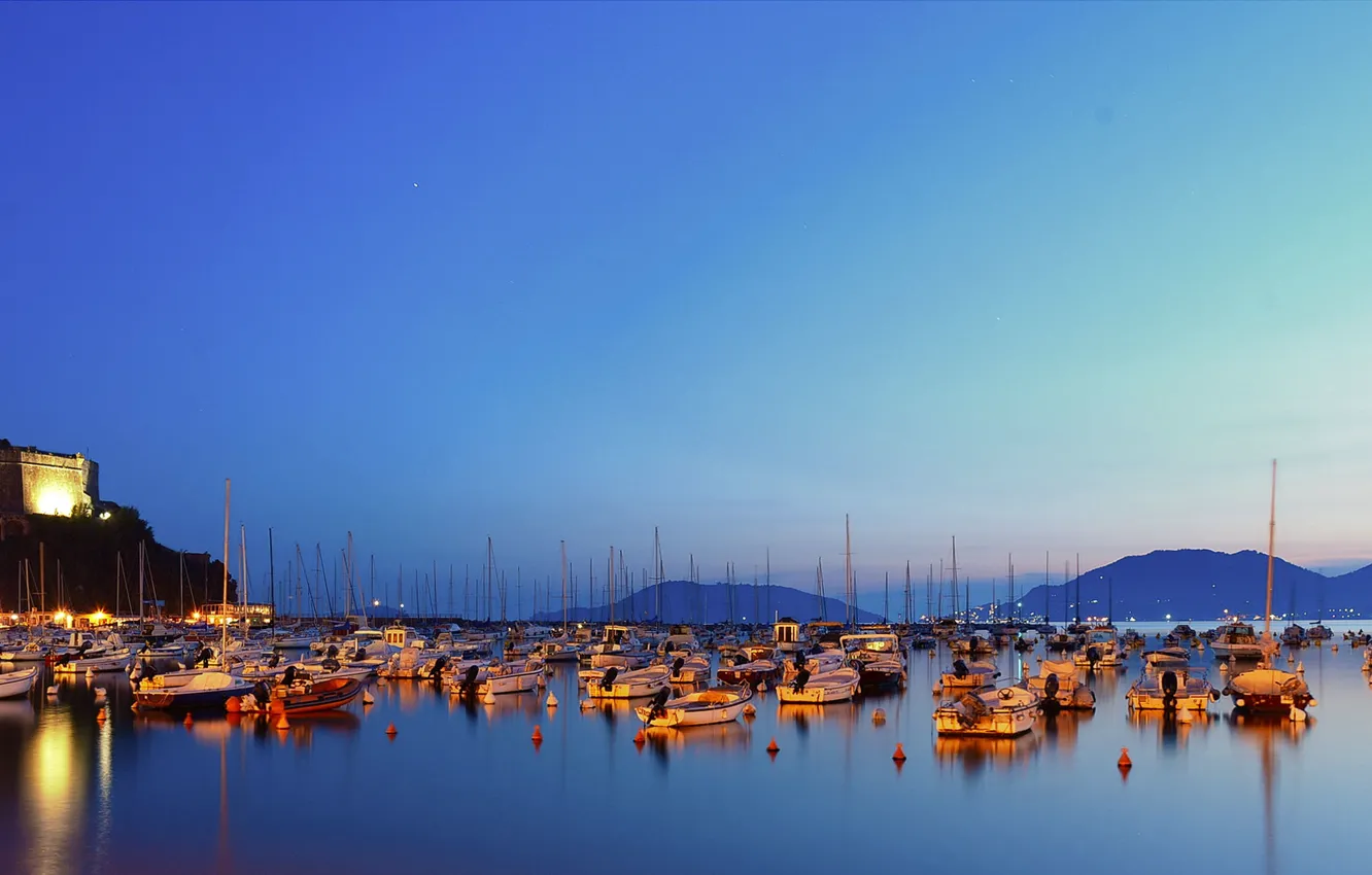 Photo wallpaper lights, castle, Bay, boats, Italy, Lerici