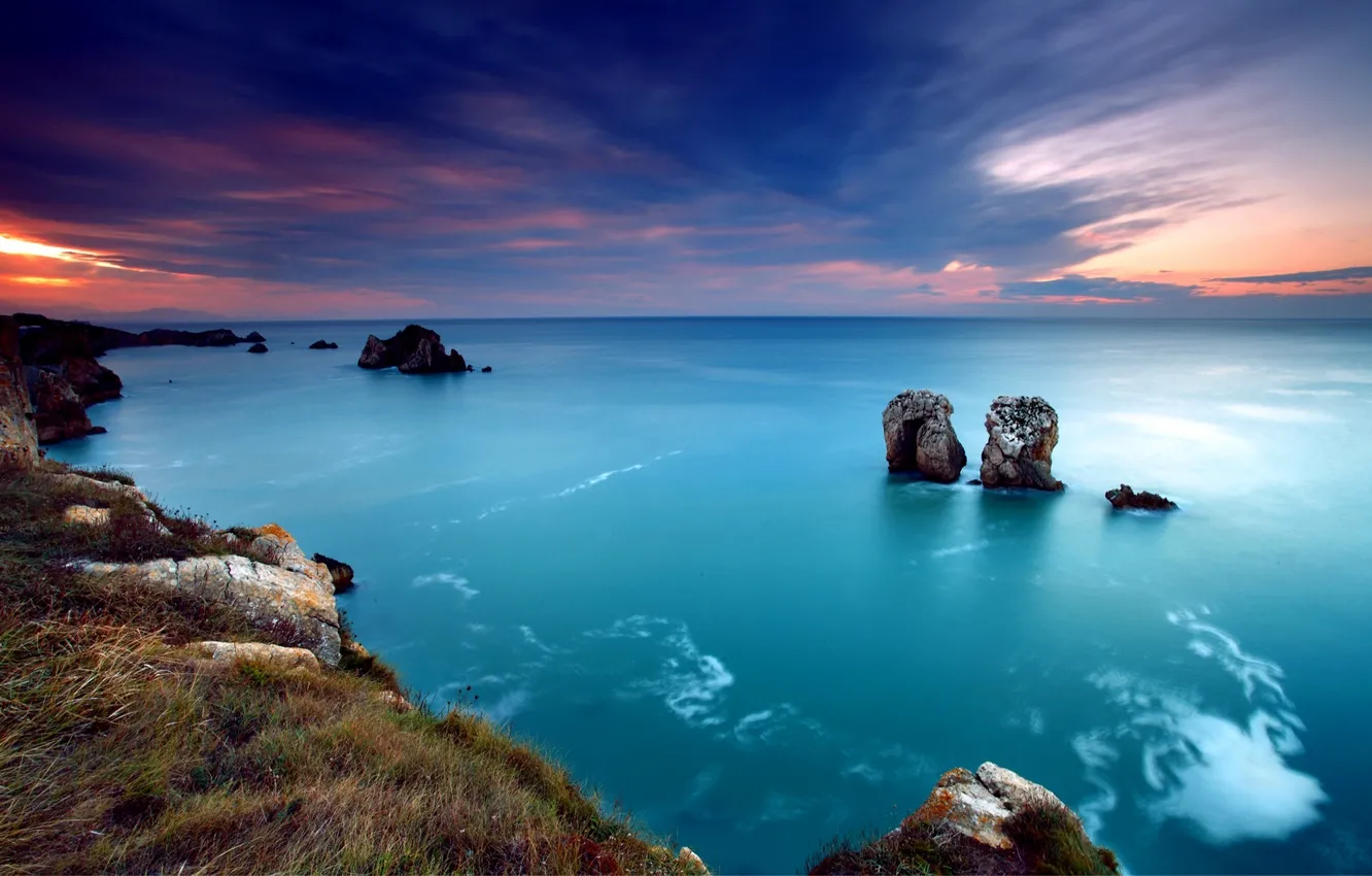 Photo wallpaper sea, the sky, sunset, rocks