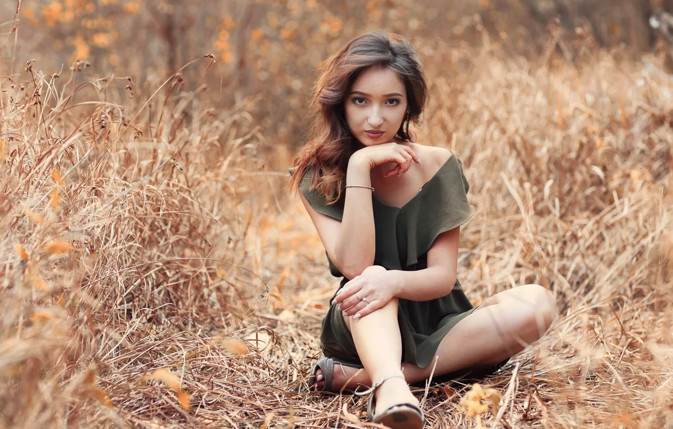 Photo wallpaper grass, look, pose, model, bokeh, cute girl, Murat Kuzhakhmetov