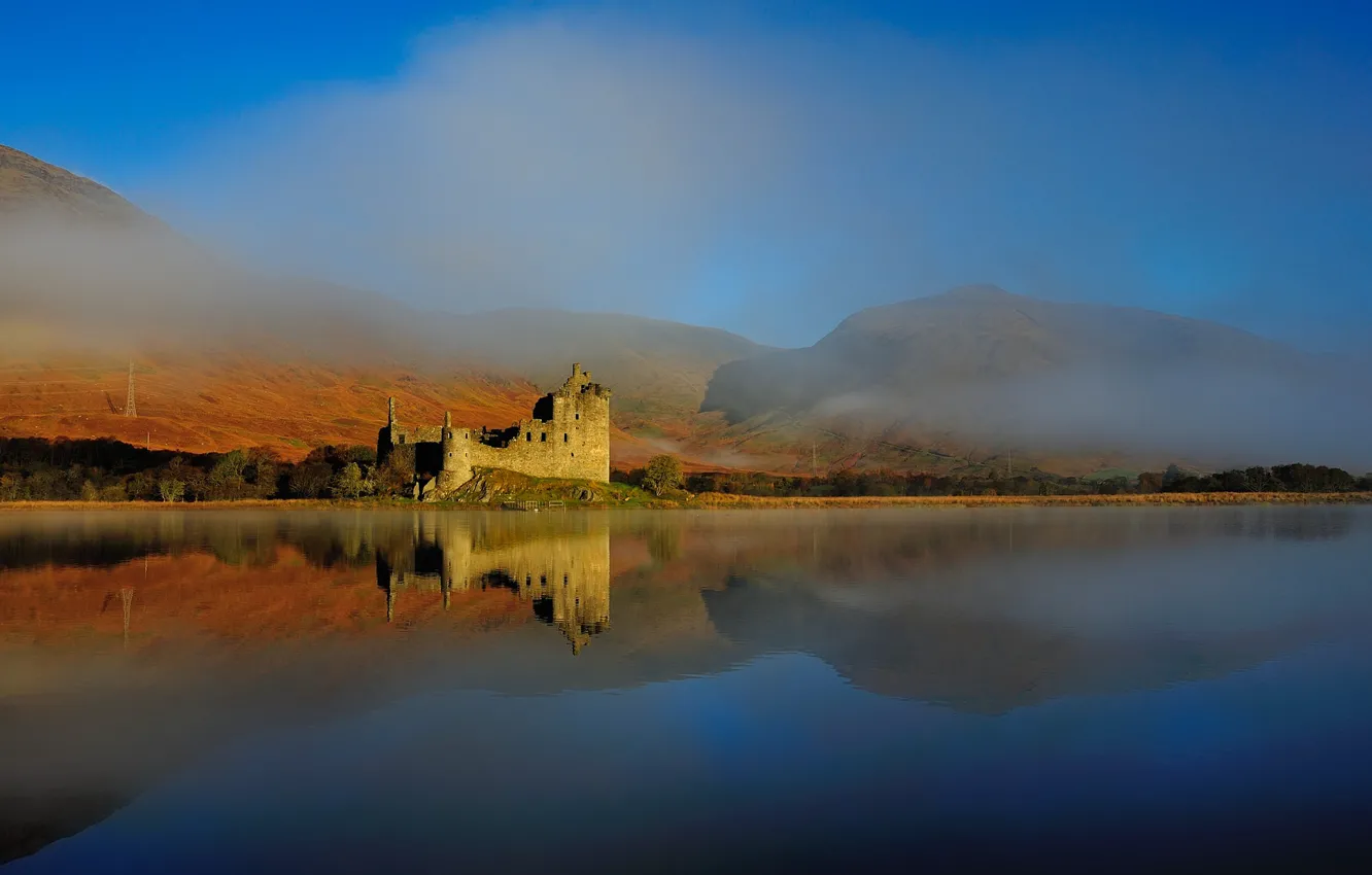 Photo wallpaper autumn, the sky, mountains, blue, fog, lake, reflection, blue