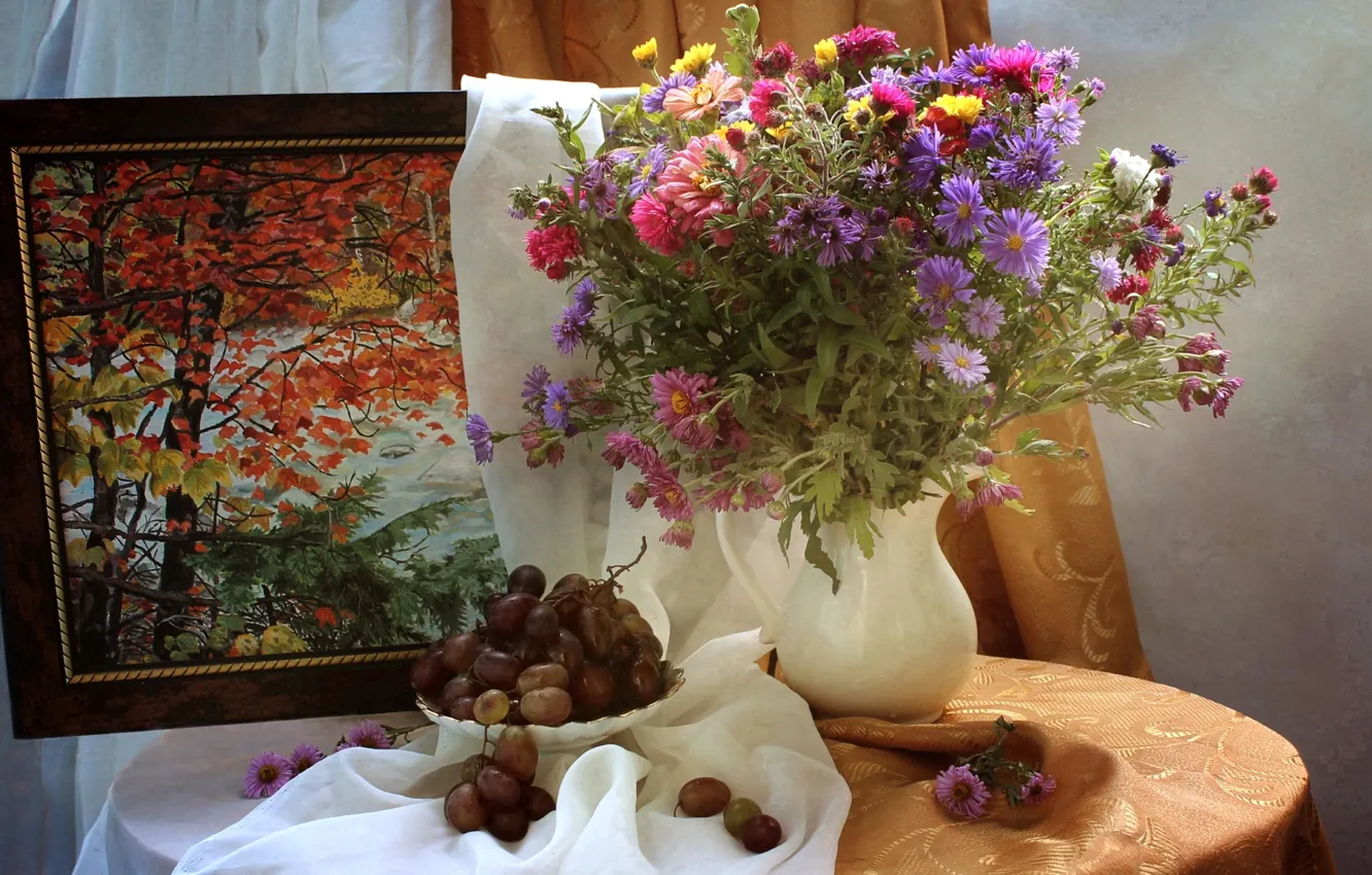 Photo wallpaper autumn, bouquet, picture, grapes, still life, asters, zinnia