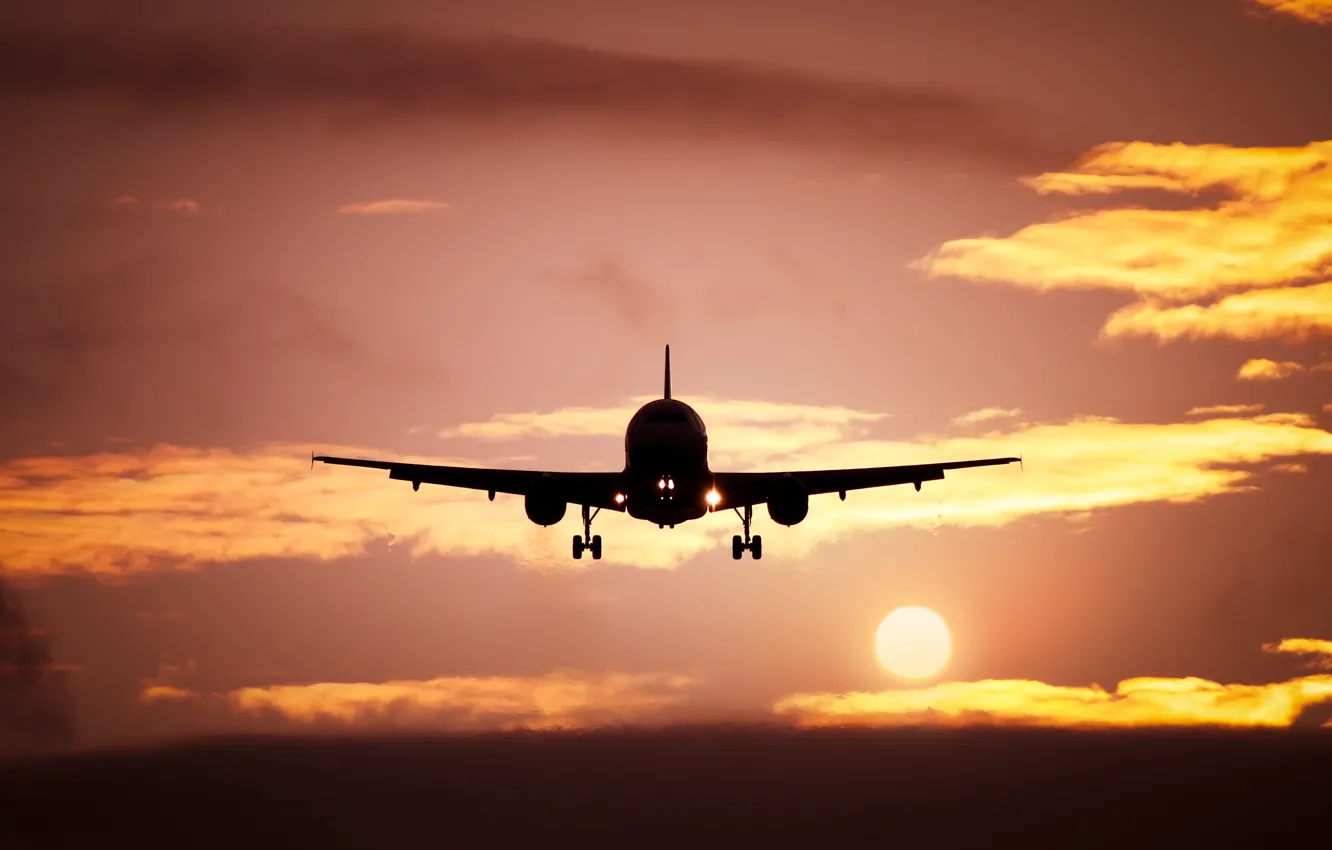 Photo wallpaper the sun, clouds, the evening, the plane, the rise