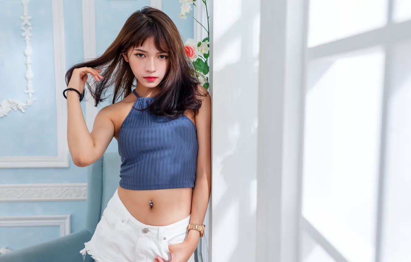 Photo wallpaper look, sexy, pose, model, shorts, portrait, makeup, figure