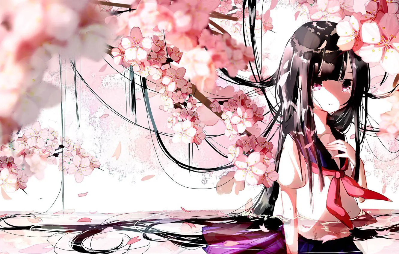 Photo wallpaper water, branches, petals, Sakura, schoolgirl, flowering, long hair, tears
