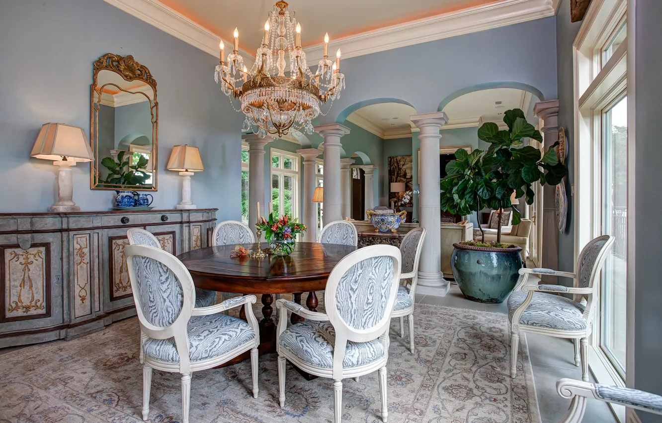 Photo wallpaper flowers, design, style, table, chairs, chandelier, dining room