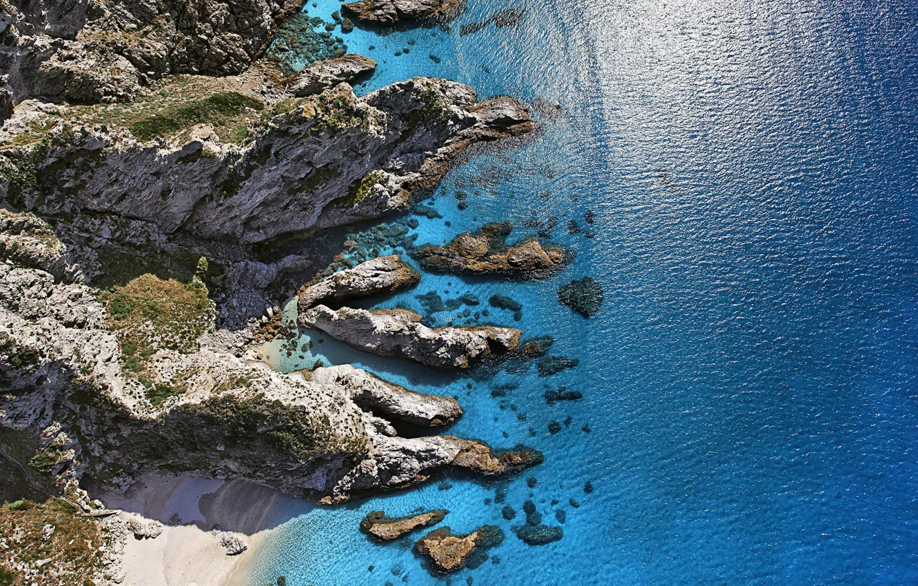 Photo wallpaper sea, stones, rocks, coast, Italy, Sunny, Italy, the view from the top