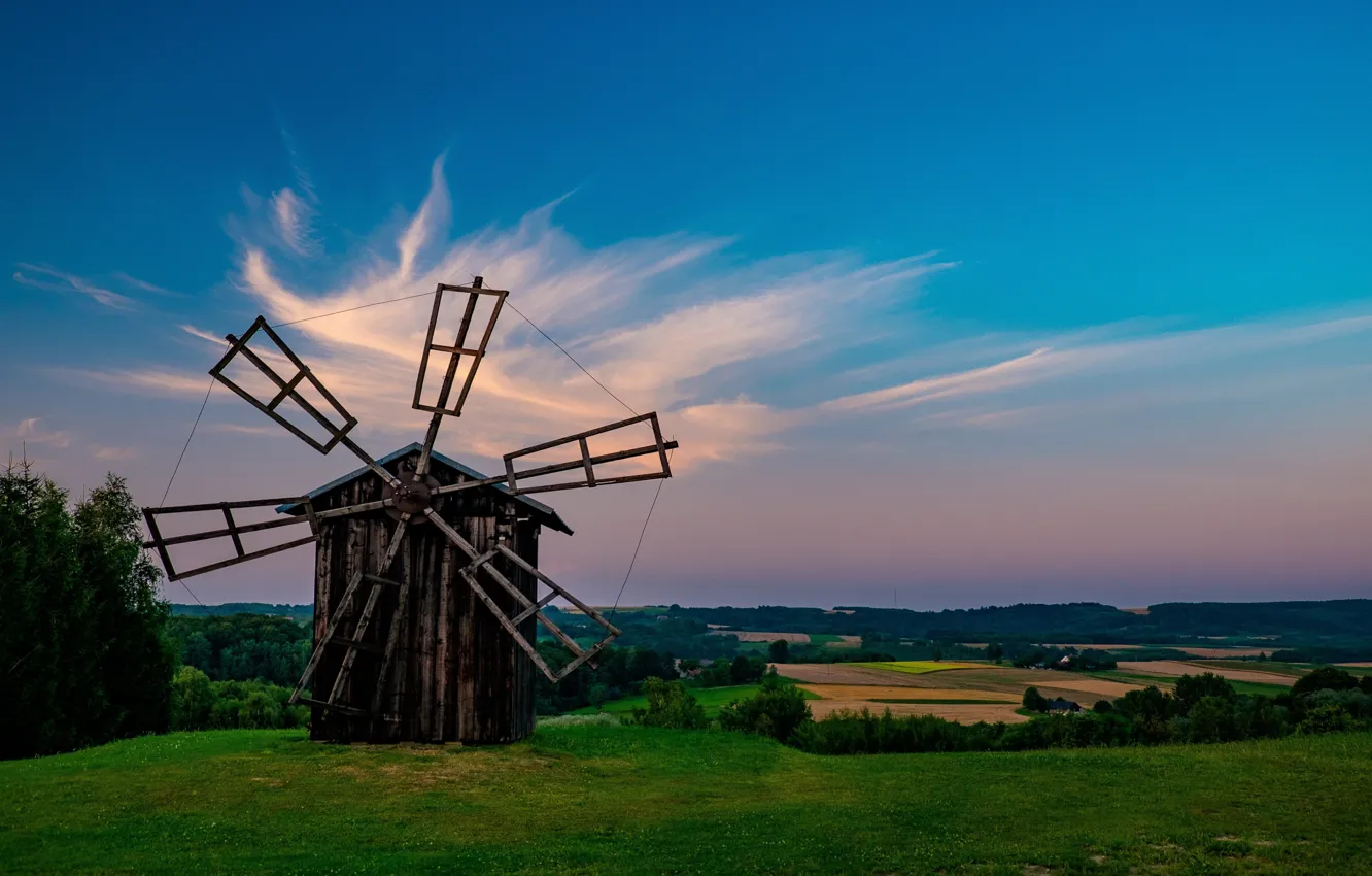 Photo wallpaper greens, the sky, grass, clouds, dal, horizon, mill, blades