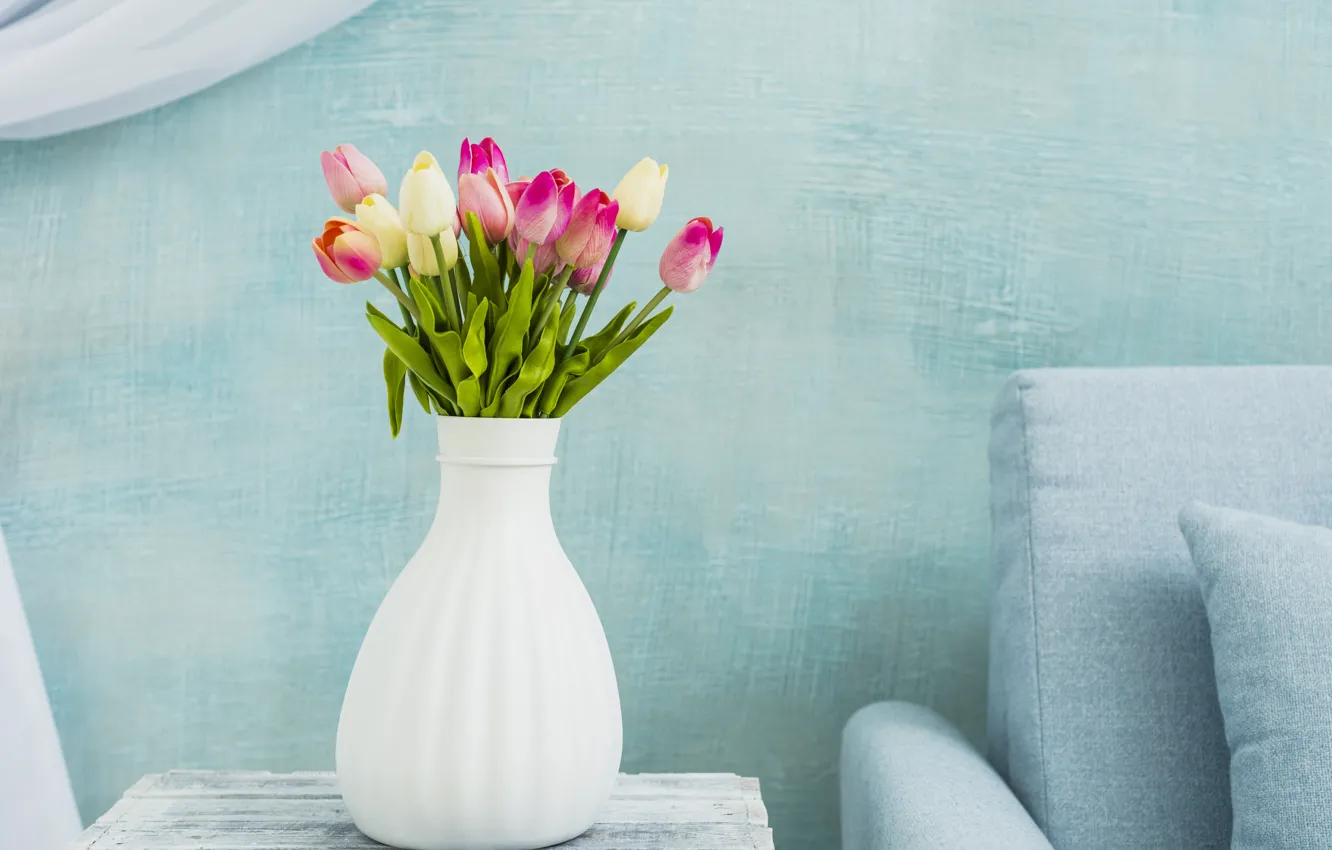 Photo wallpaper table, bouquet, tulips, vase