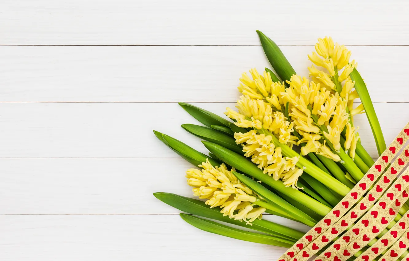 Photo wallpaper flowers, bouquet, yellow, yellow, wood, flowers, spring, hyacinths