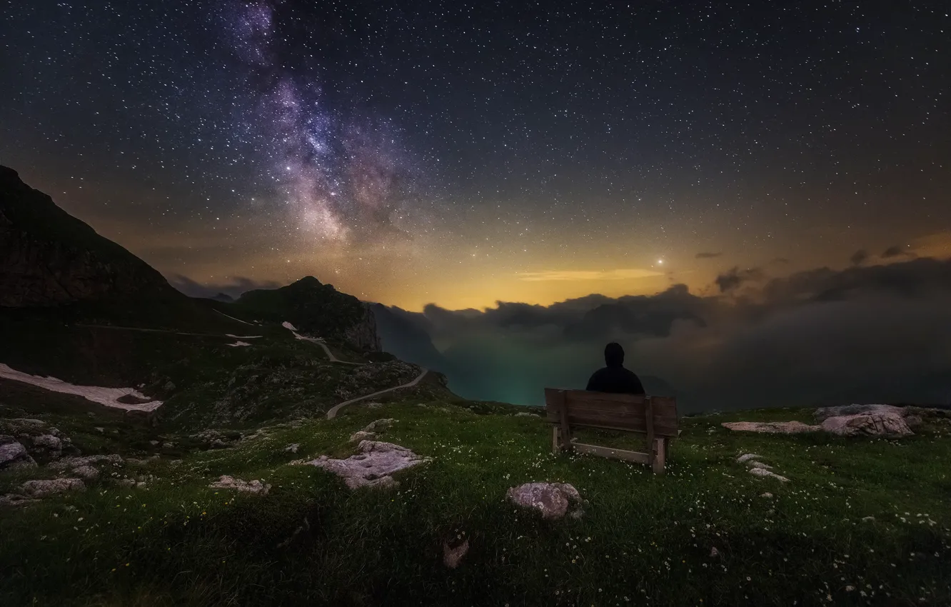 Photo wallpaper the sky, stars, mountains, bench, night, fog, open, people