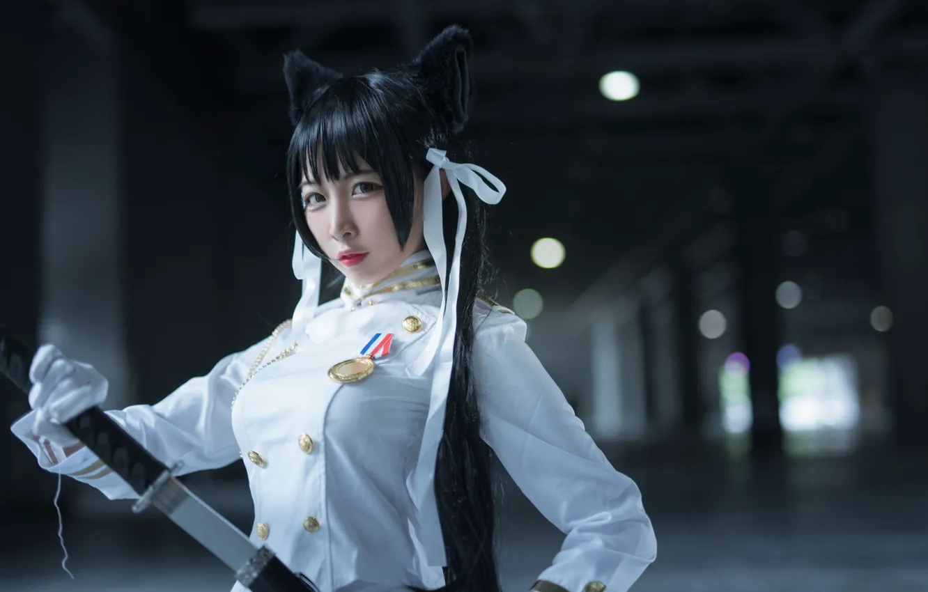 Photo wallpaper look, girl, weapons, sword, katana, brunette, medal, girl