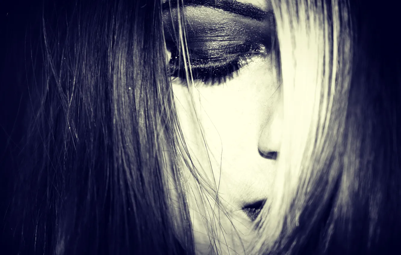 Photo wallpaper girl, face, hair, shadow, makeup, eyebrows, closed eyes