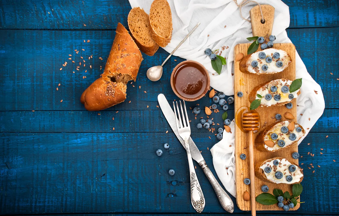 Photo wallpaper food, blueberries, honey, bread, sandwiches