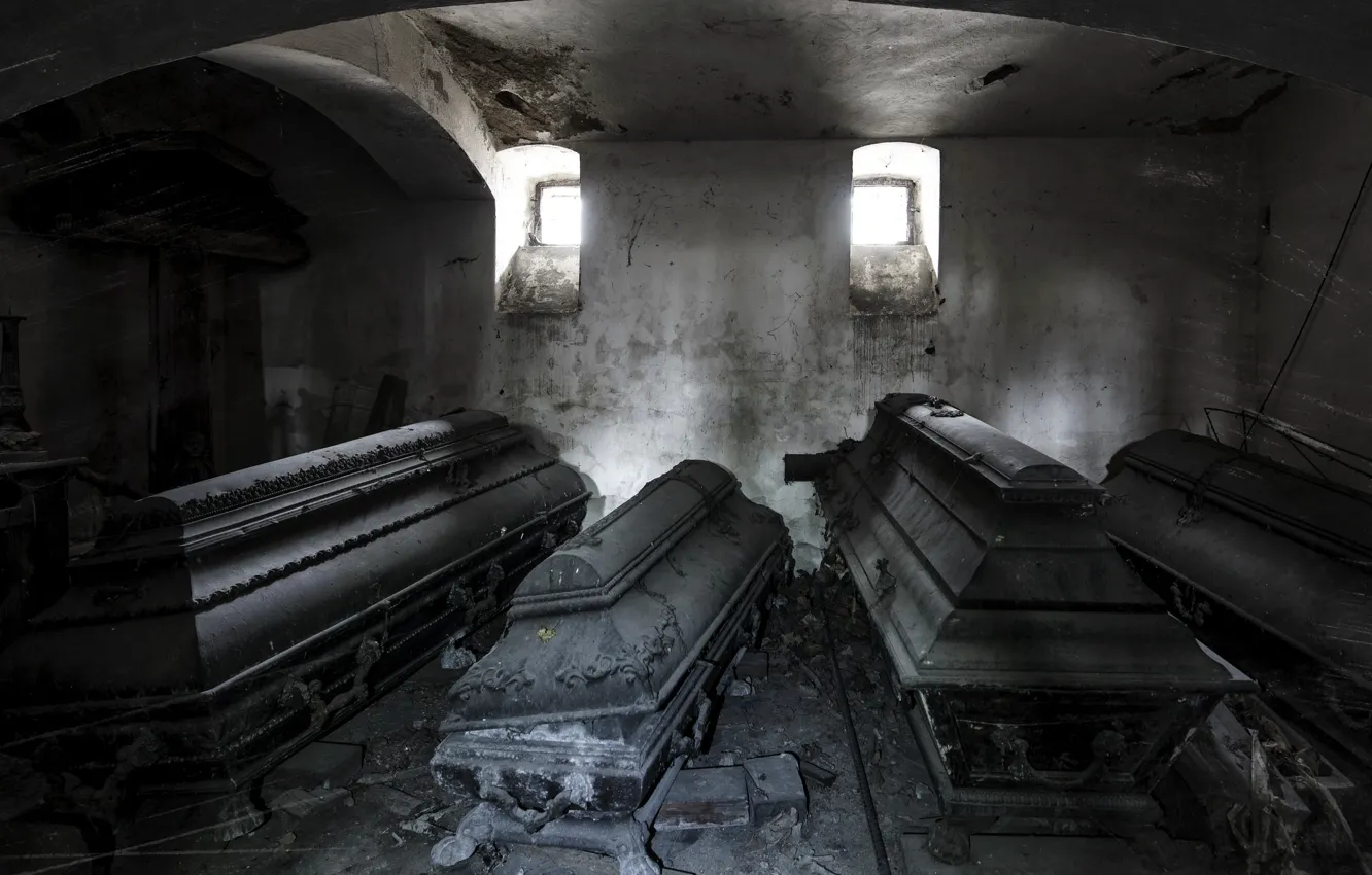 Photo wallpaper interior, coffins, the crypt