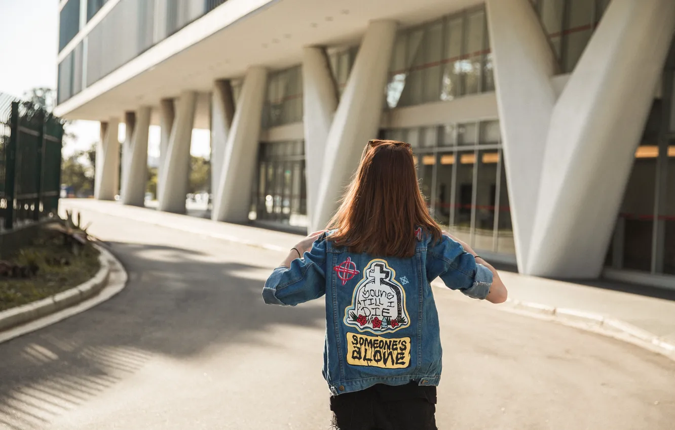 Photo wallpaper back, jacket, red, dzhinsovka, denim, Karol Queiroz