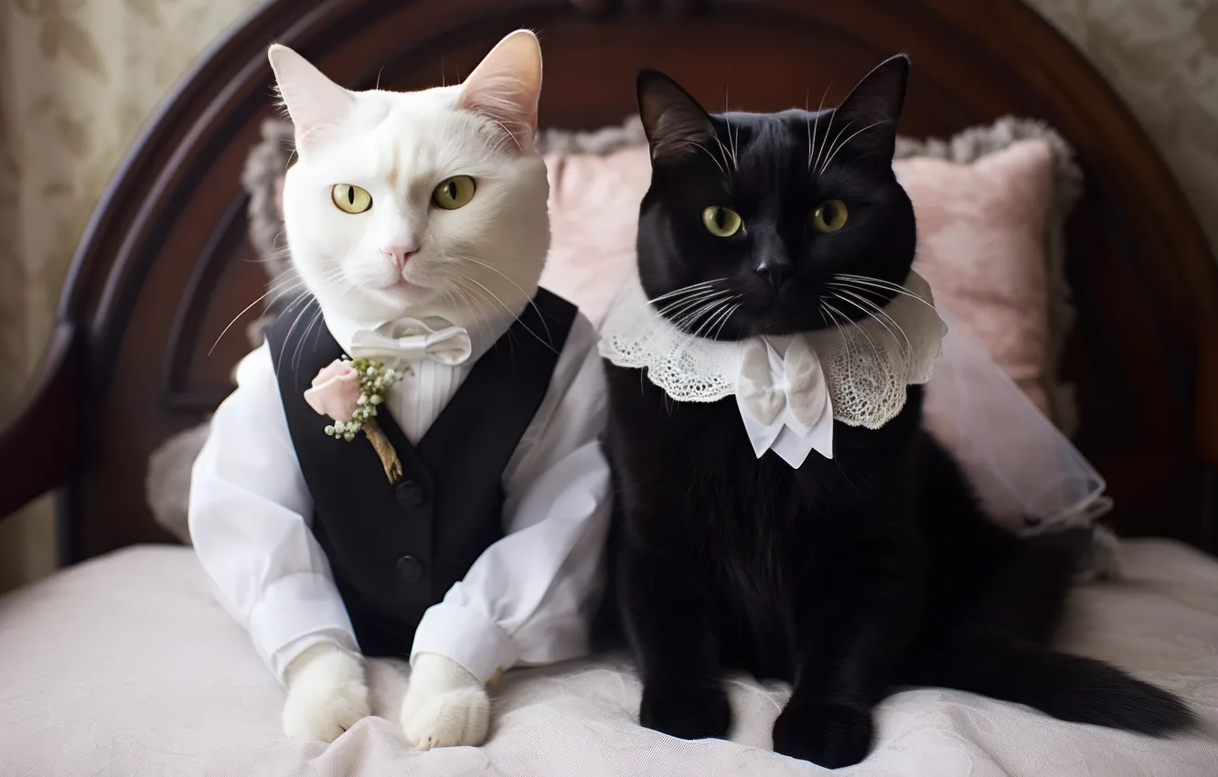 Photo wallpaper cat, white, cat, look, cats, pose, bed, costume