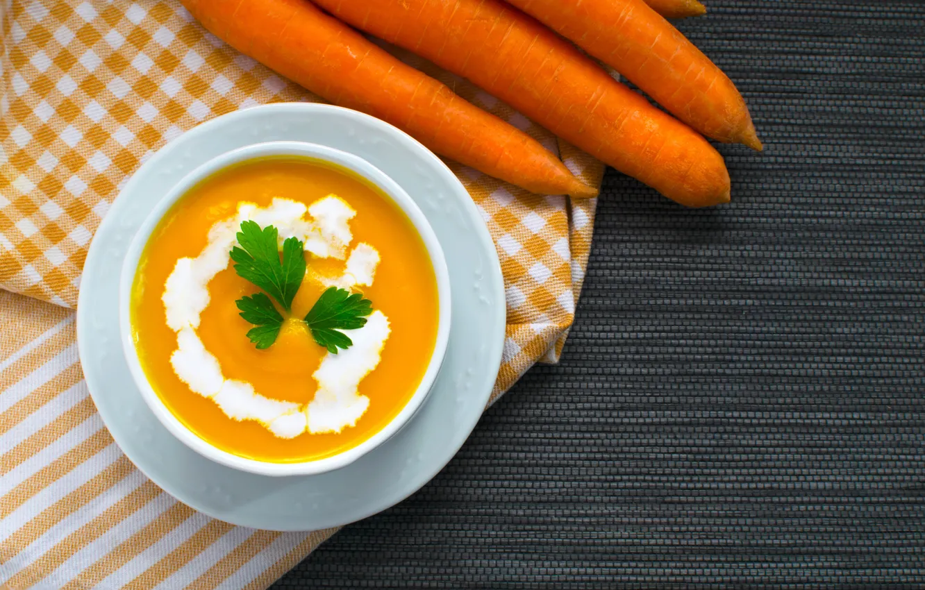 Photo wallpaper greens, carrots, sour cream, soup, The first dish