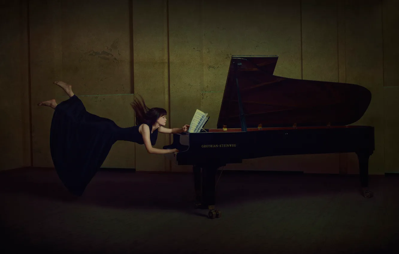 Photo wallpaper girl, notes, piano, levitation