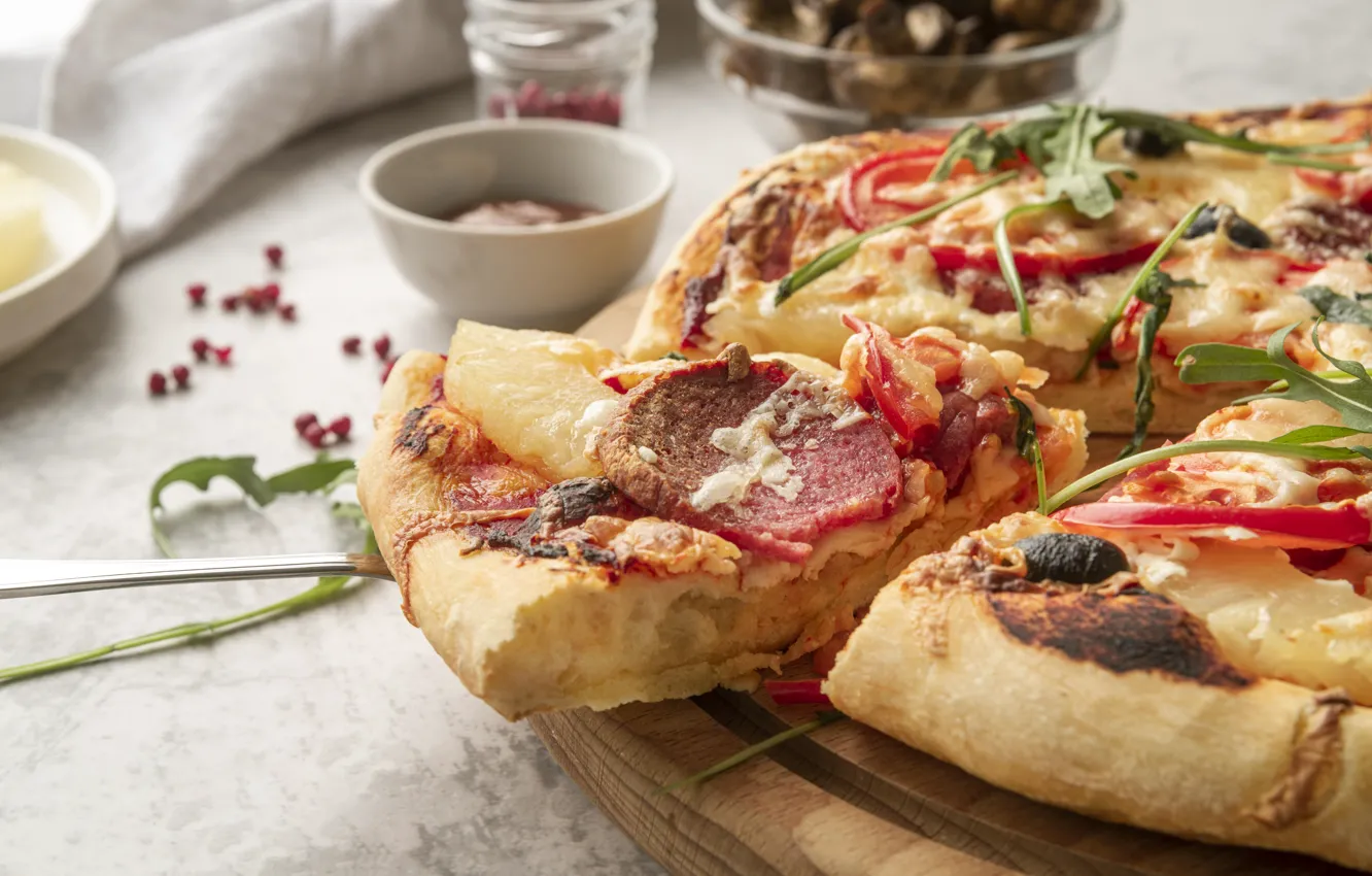 Photo wallpaper table, vegetables, pizza, sausage, piece