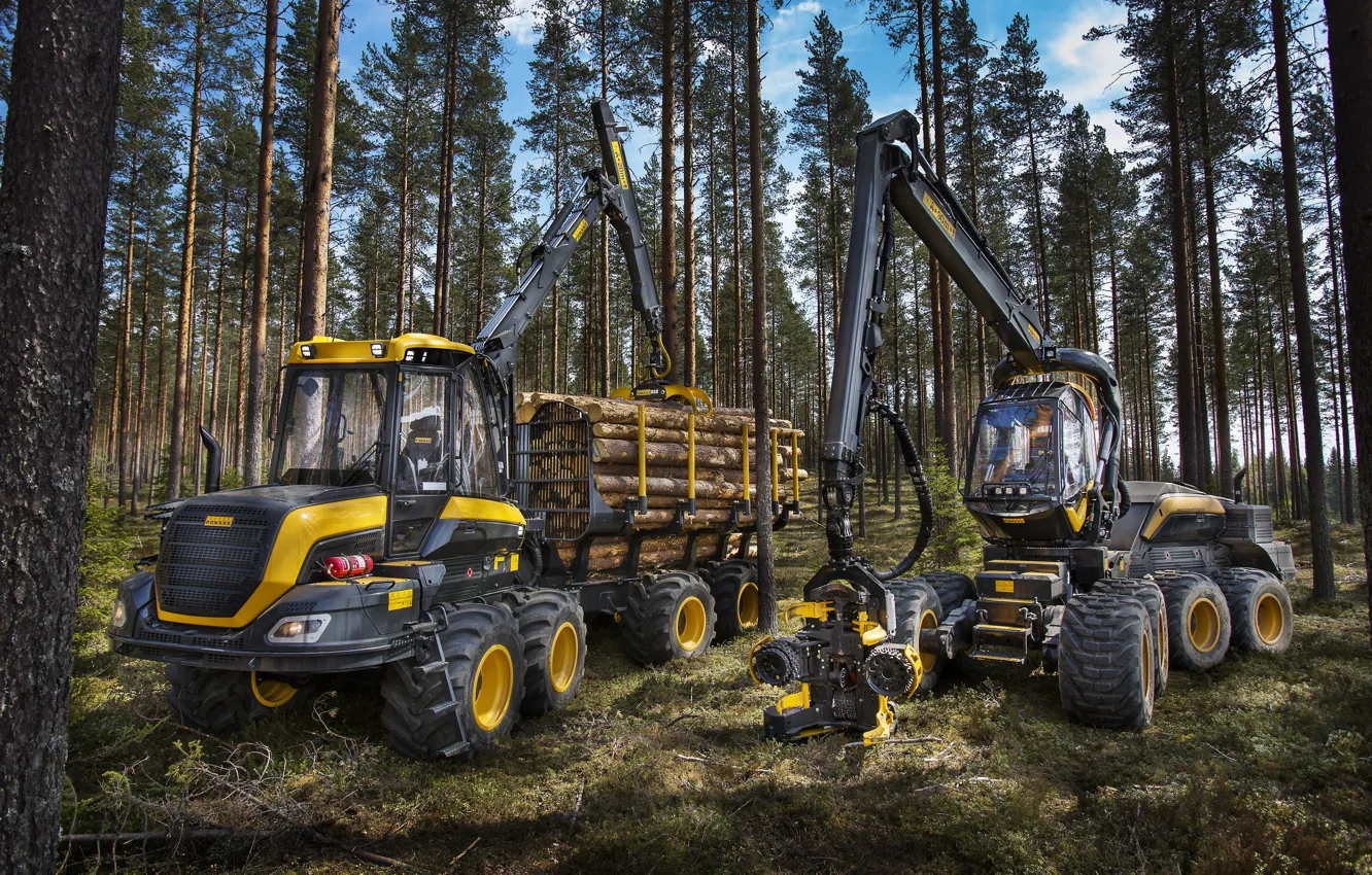 Photo wallpaper forest, moss, arrow, wheel, forestry equipment, Ponsse Scorpion, Ponsse, logging