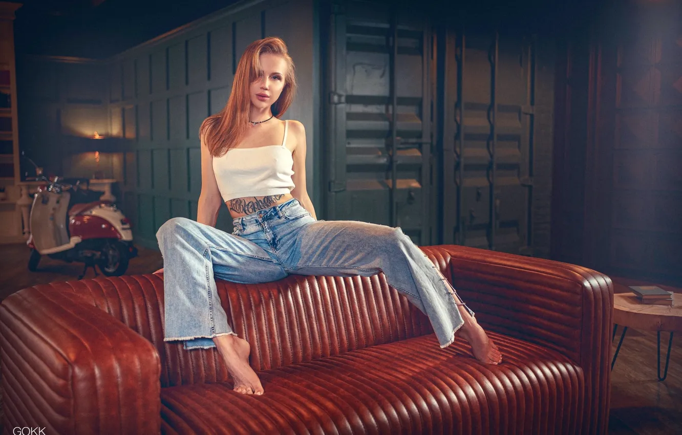 Photo wallpaper girl, pose, sofa, feet, jeans, figure, tattoo, red