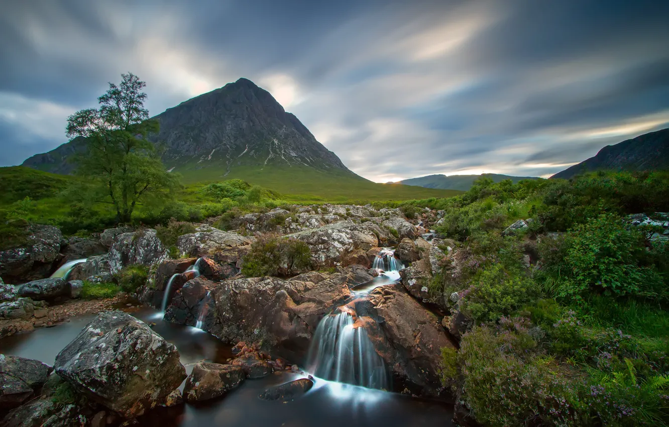 Photo wallpaper the sky, trees, river, stones, mountain, waterfall, Scotland