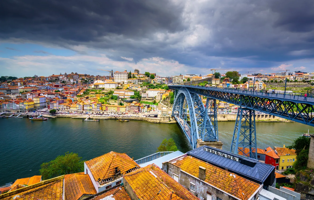 Photo wallpaper bridge, river, building, home, roof, panorama, Portugal, Portugal