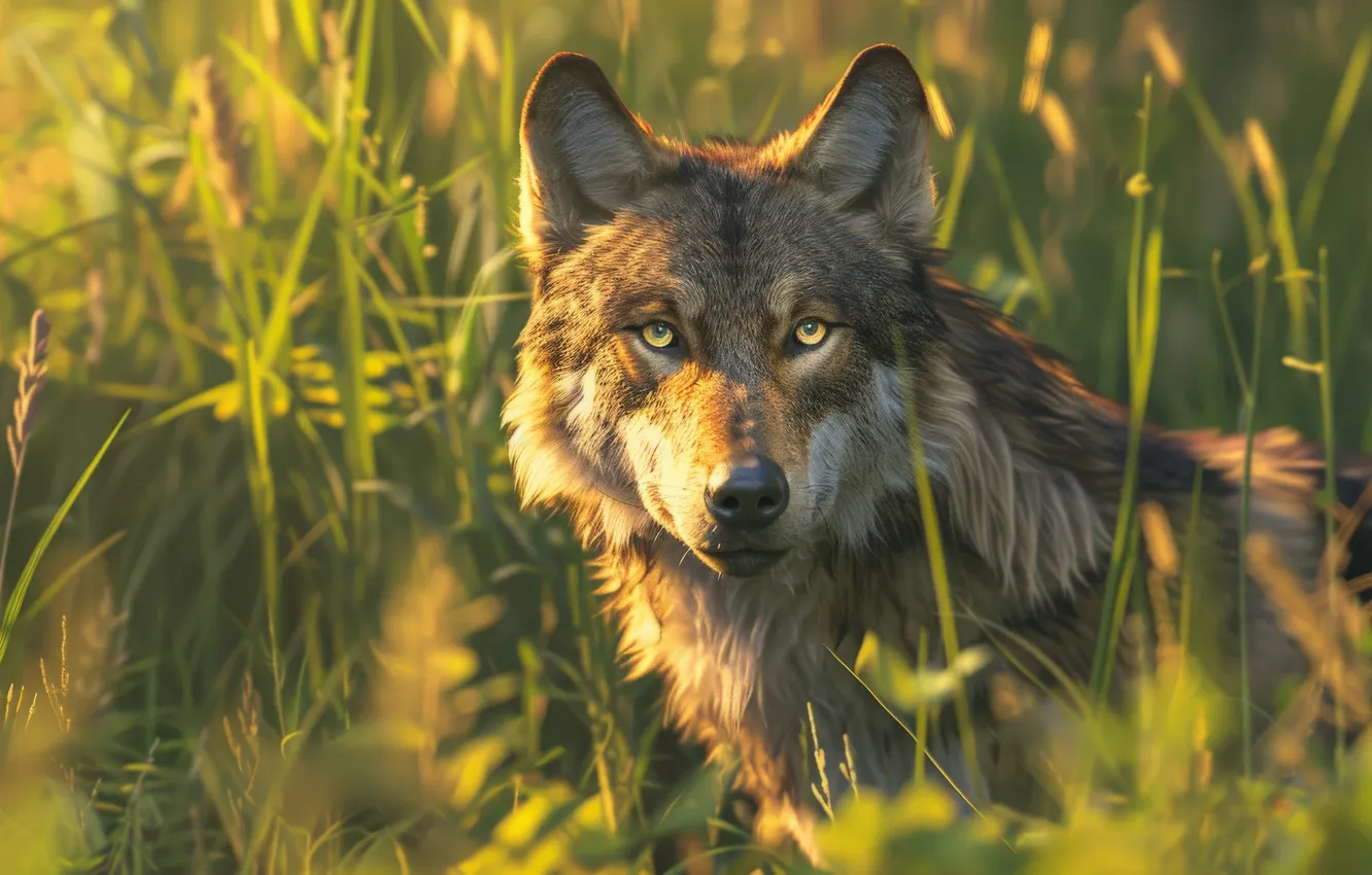Photo wallpaper grass, look, wolf, predator, digital art, AI art, The Art of Artificial Intelligence, neural network