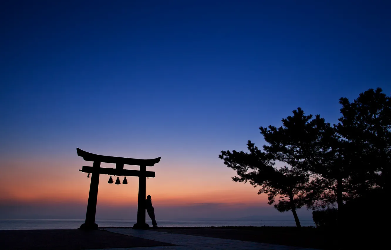 Photo wallpaper the sky, trees, sunset, orange, people, the evening, Japan, silhouette