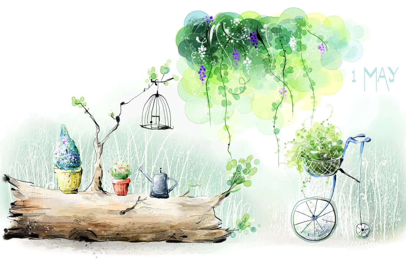 Photo wallpaper greens, nature, figure, plants, watercolor, may