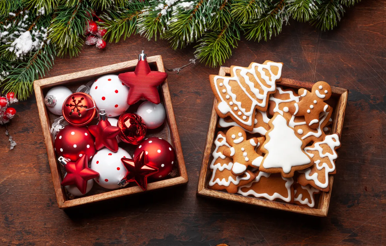 Photo wallpaper snow, decoration, new year, Christmas, Christmas, wood, snow, Christmas decorations