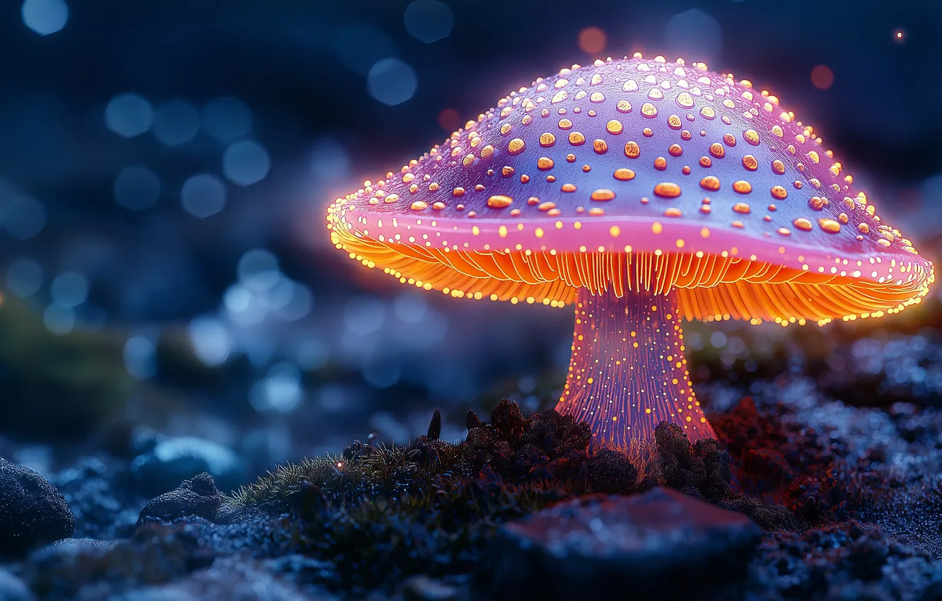 Photo wallpaper bright, mushroom, mushroom, glowing, AI art, AI art