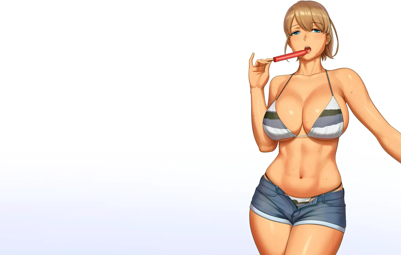 Photo wallpaper girl, sexy, cleavage, shorts, boobs, anime, beautiful, short hair
