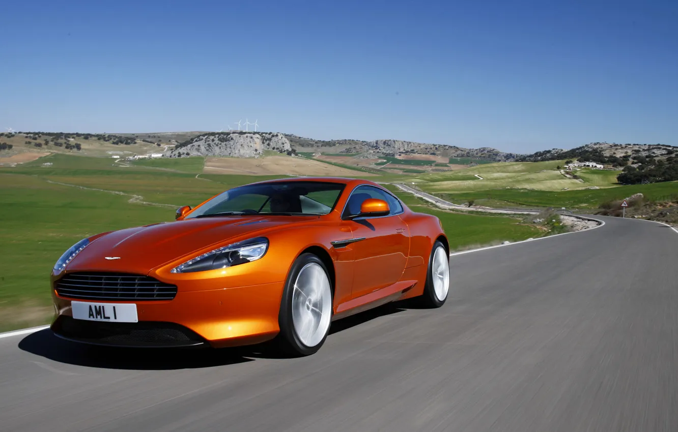 Photo wallpaper road, the sky, landscape, mountains, coupe, Aston Martin Virage