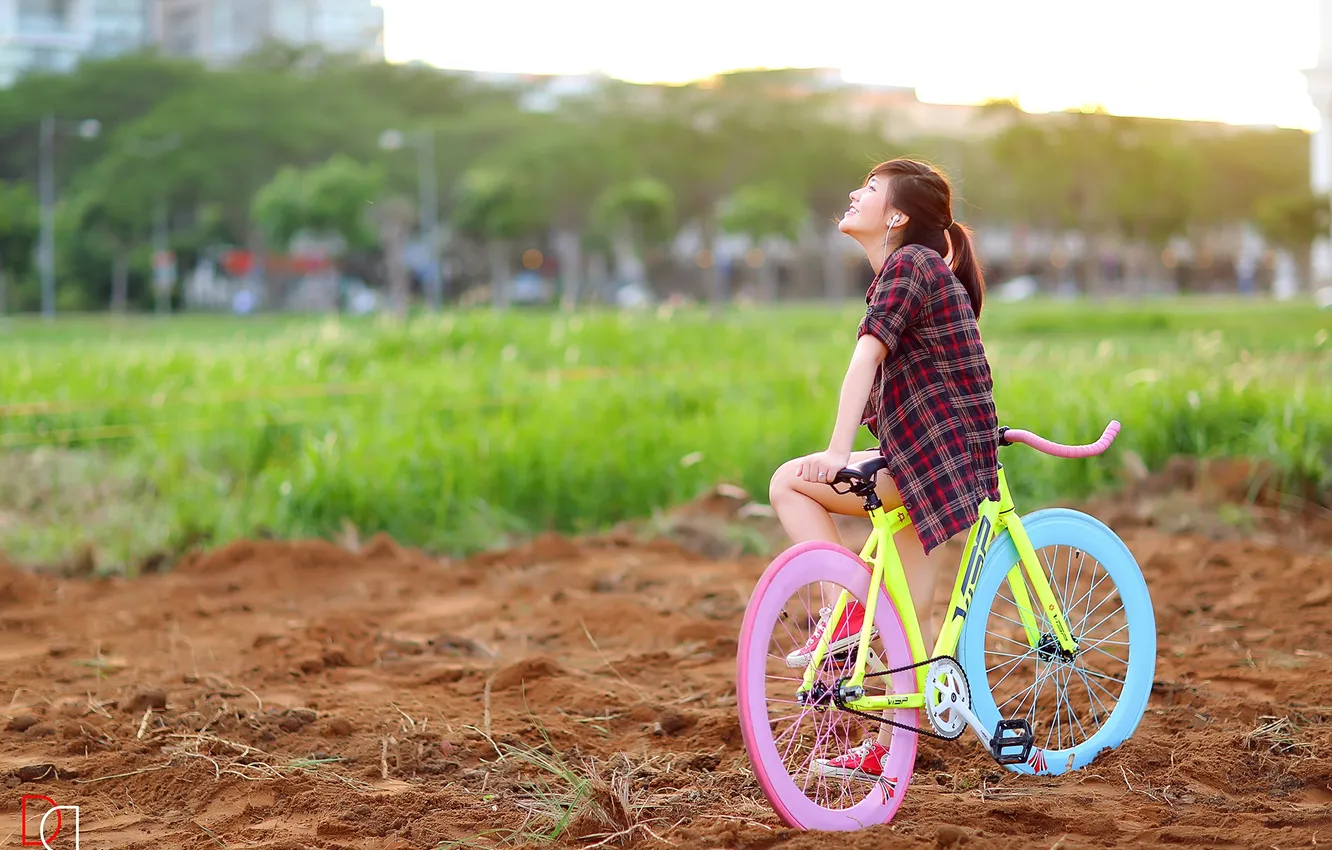Photo wallpaper girl, bike, background