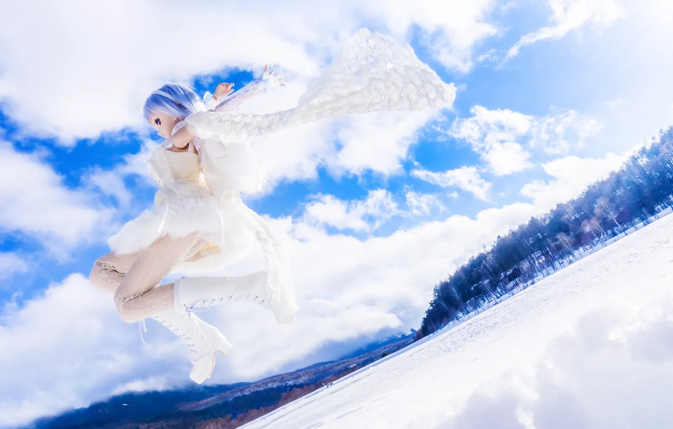 Photo wallpaper winter, nature, jump, toy, doll, blonde