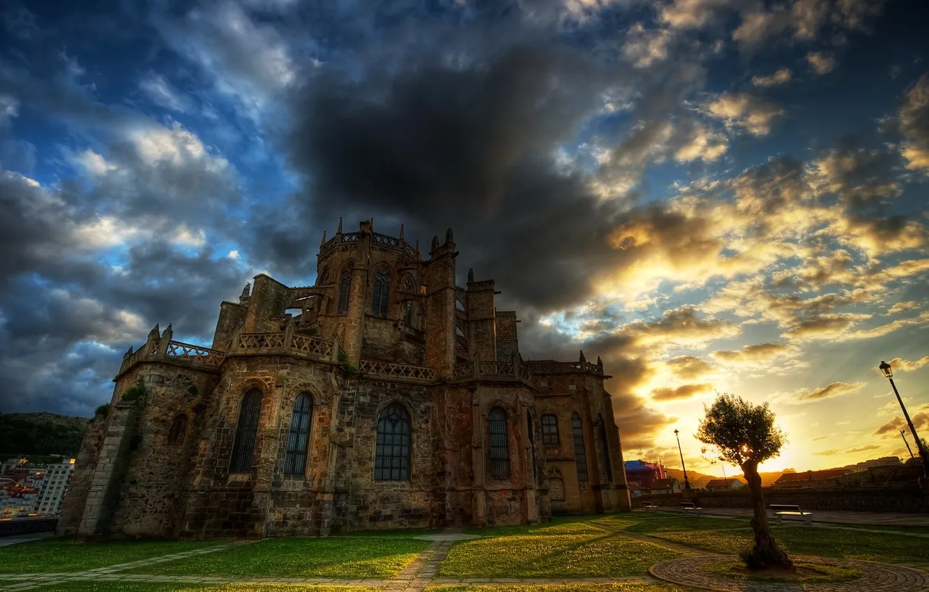 Photo wallpaper the sky, clouds, trees, sunset, clouds, the city, castle