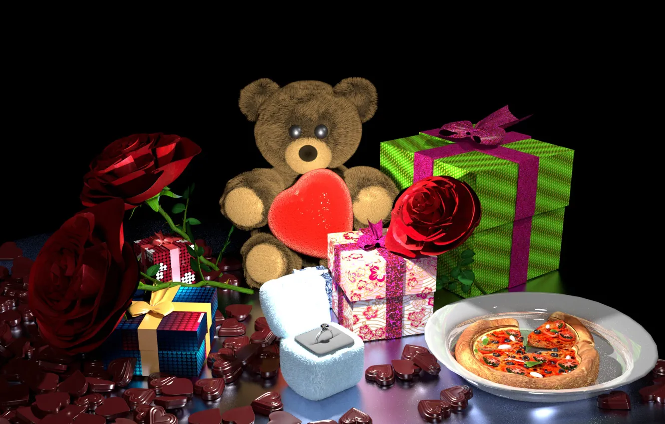 Photo wallpaper flowers, rendering, gift, chocolate, ring, art, bear, gifts