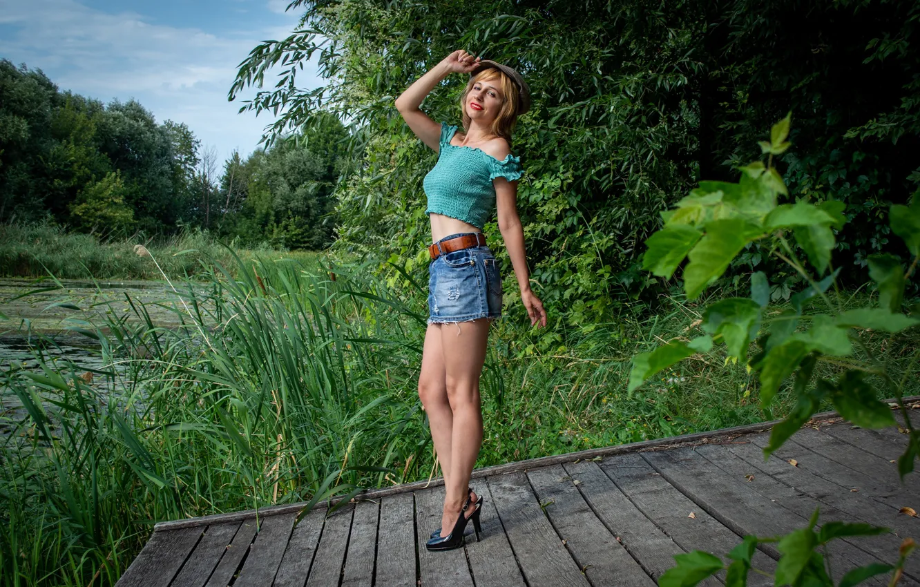 Photo wallpaper smile, blonde, cap, studs, legs, skirt, Victoria Borodinova