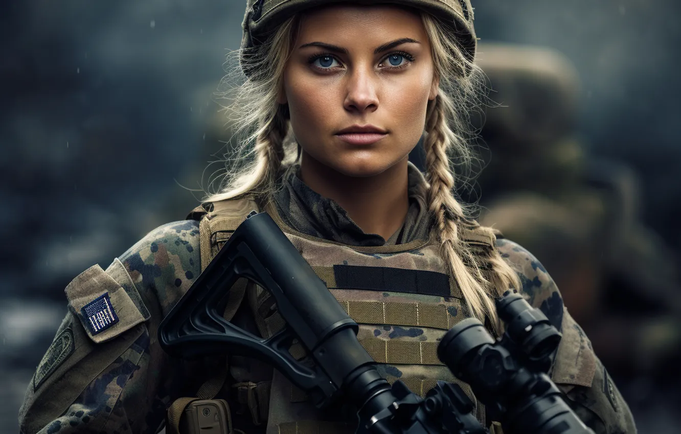 Photo wallpaper look, girl, soldiers, machine, helmet, digital art, AI art, The Art of Artificial Intelligence