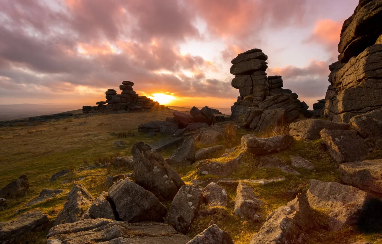 Photo wallpaper landscape, sunset, England, Merrivale