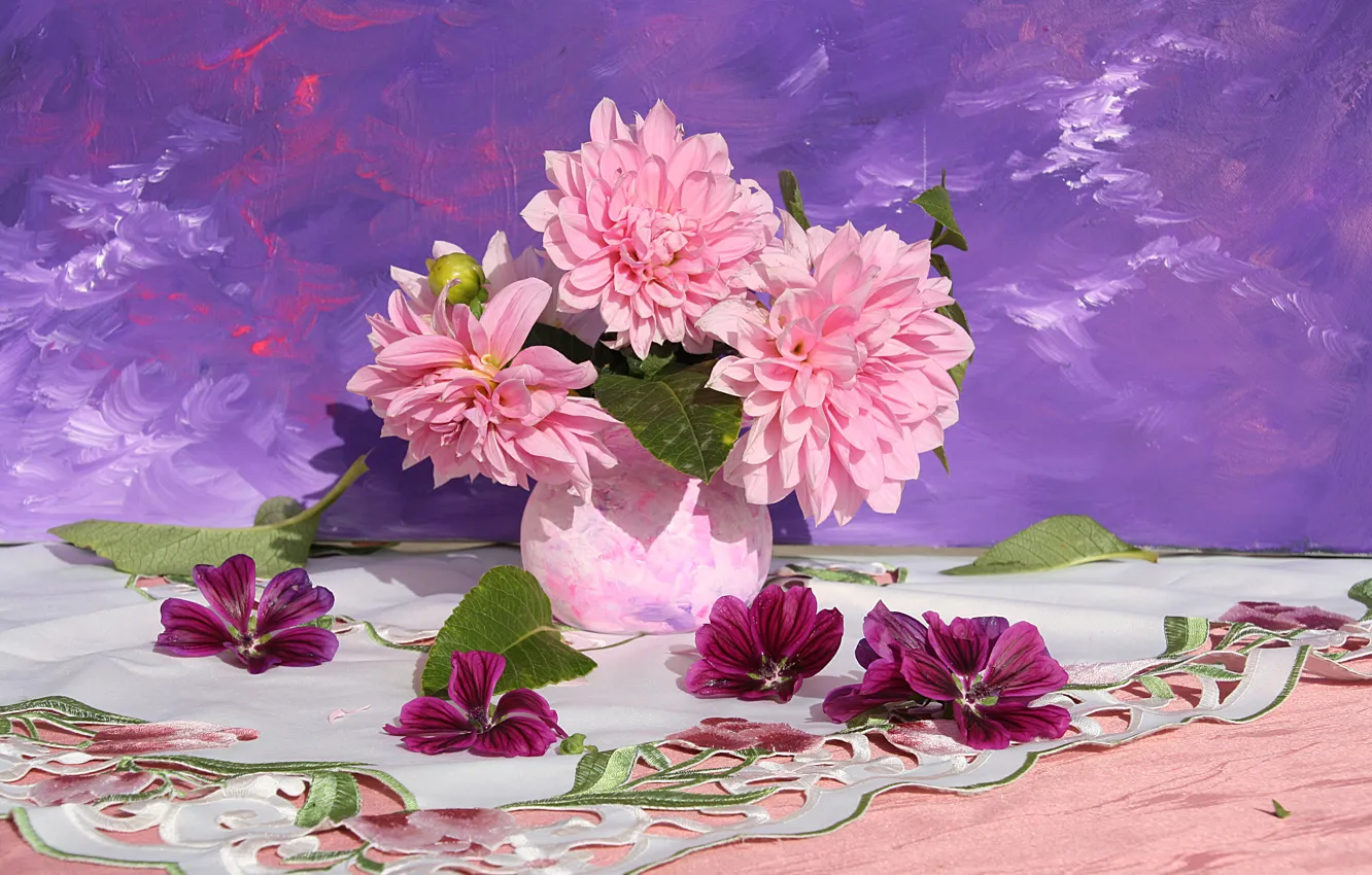 Photo wallpaper table, bouquet, vase, pink, still life, strokes, napkin, dahlias