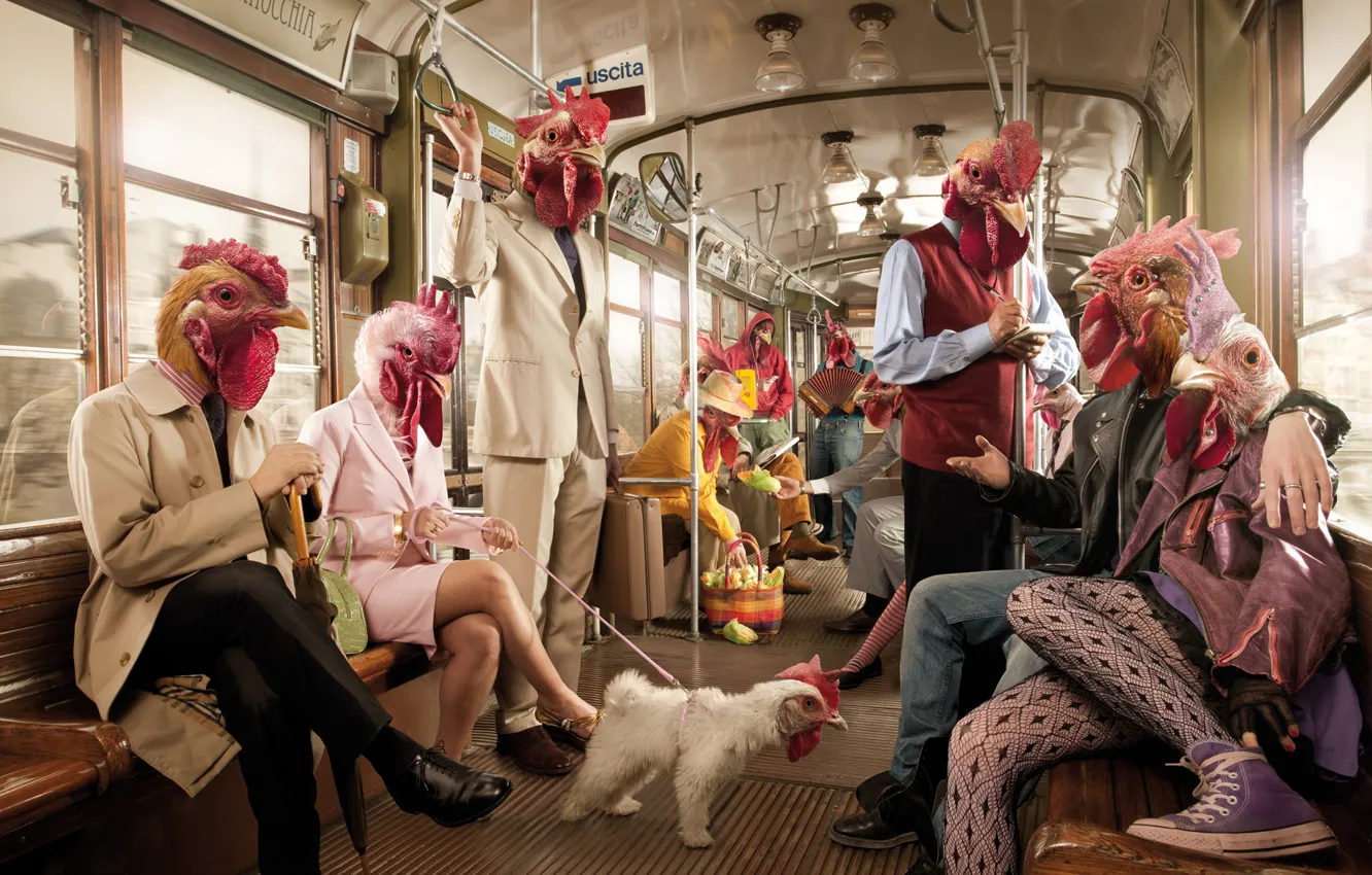 Photo wallpaper rendering, metro, people, chicken, cars, cock