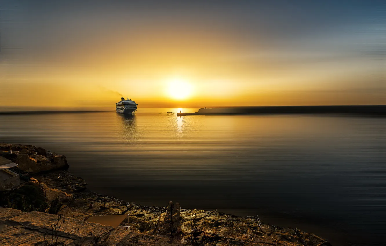 Photo wallpaper sea, sunset, shore, ship