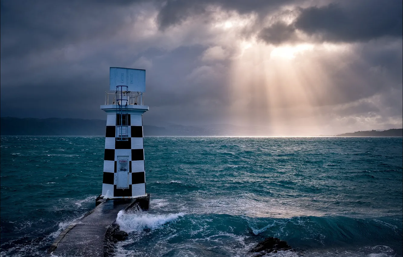 Photo wallpaper sea, lighthouse, New Zealand, the rays of the sun, New Zealand, Wellington, Point Haiswell Lighthouse