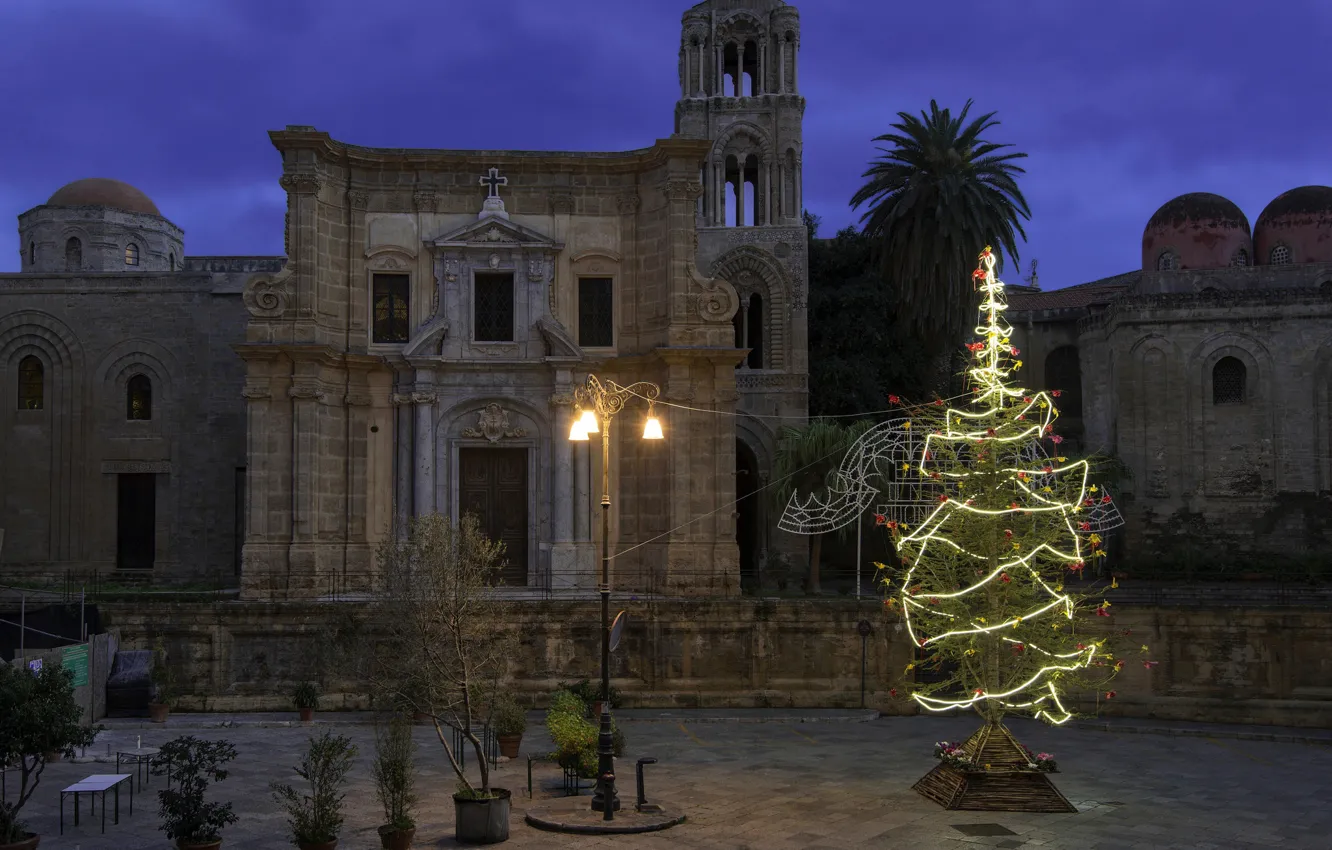 Photo wallpaper lights, holiday, tree, New Year, Christmas, Italy, Palermo, Martorana