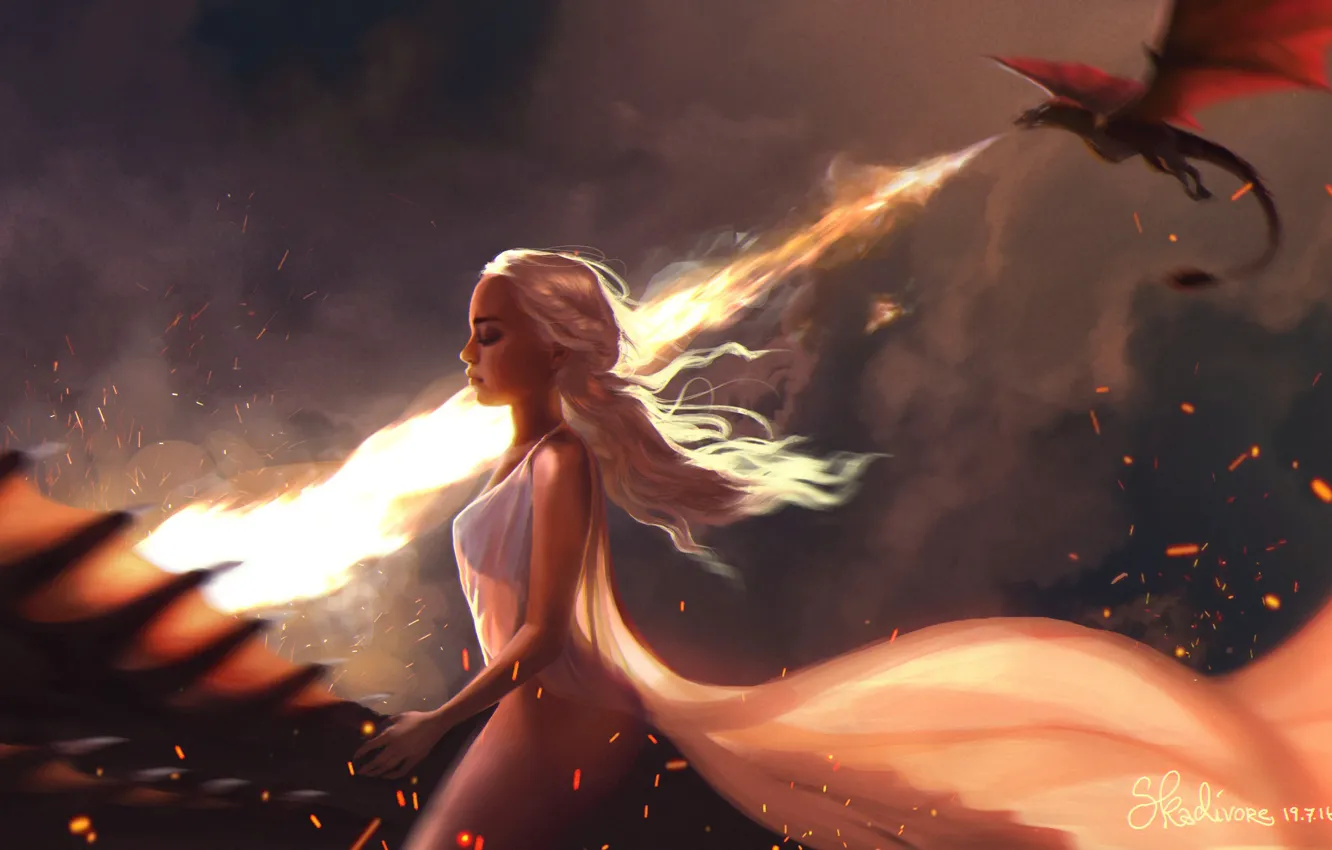 Photo wallpaper flight, dragon, fantasy, art, Khaleesi, Game of thrones, Mother of Dragons, Daenerys Targaryen