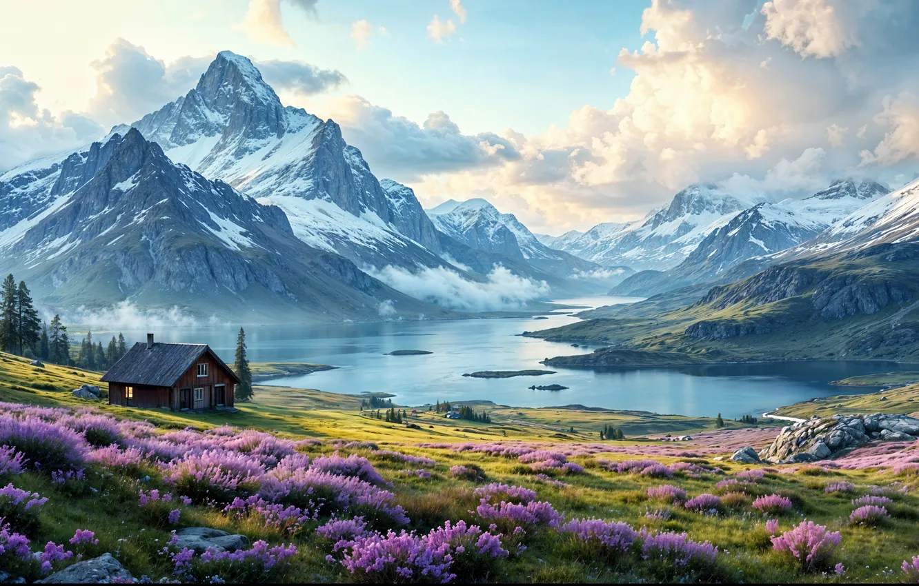 Photo wallpaper snow, trees, landscape, mountains, nature, river, panorama, river