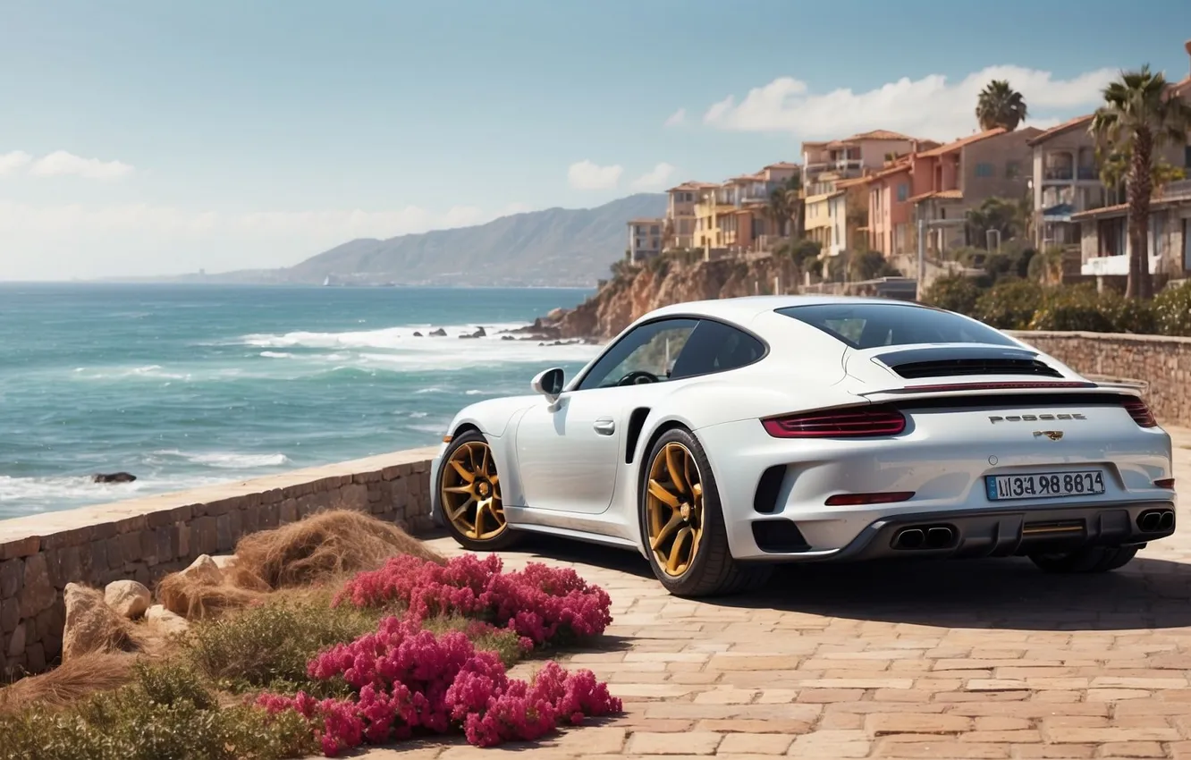 Photo wallpaper car, sea, art, porche